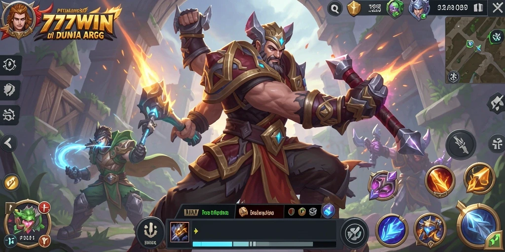 Screenshot gameplay <strong>777WIN</strong> menunjukkan pertarungan epik antara pahlawan dan monster.