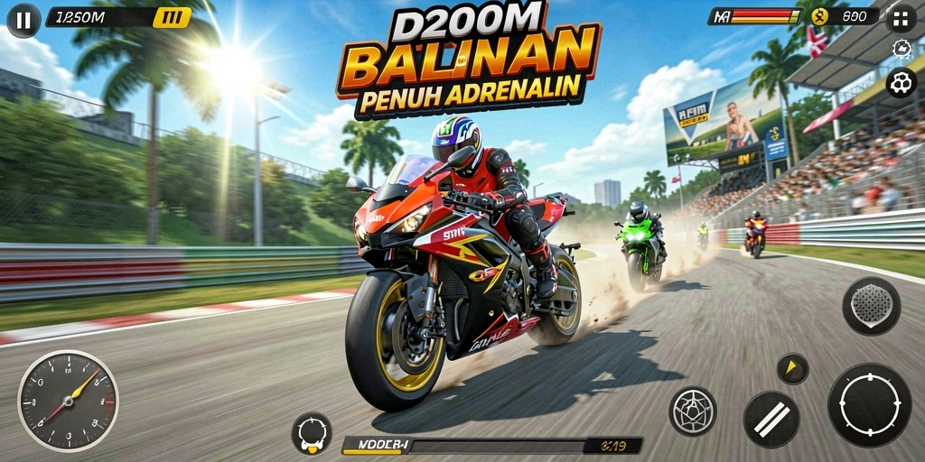 Screenshot D200M menampilkan aksi balap motor yang mendebarkan di lintasan.