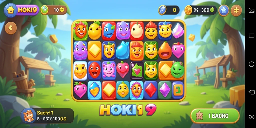 Tampilan screenshot HOKI9 menampilkan gameplay Match-3 yang seru dan penuh warna.