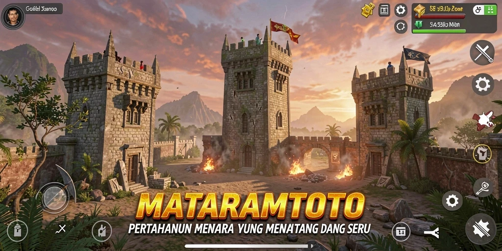 Screenshot gameplay MATARAMTOTO menampilkan suasana penyerangan menara yang dramatis.