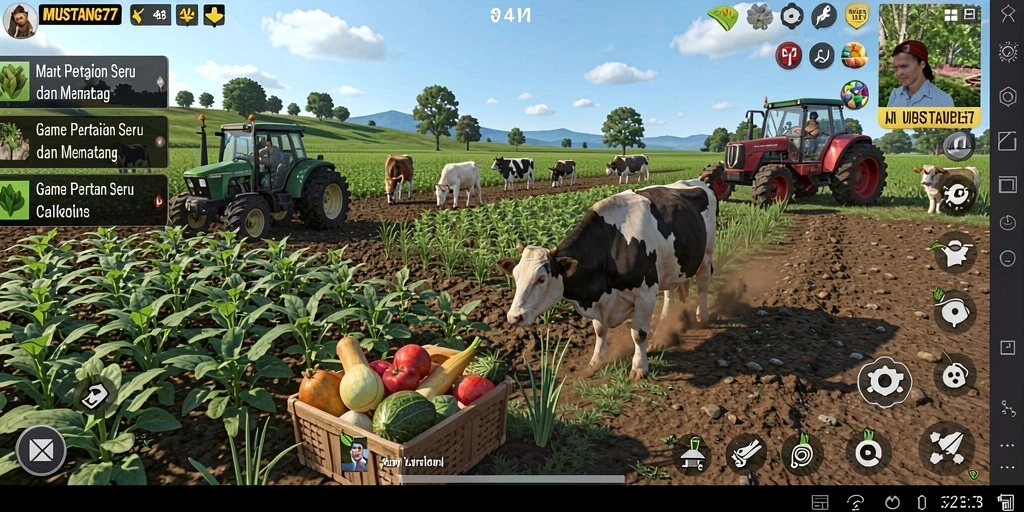Tampilan permainan <strong>MUSTANG77</strong> yang menakjubkan, menunjukkan lahan pertanian yang subur dan beragam aktivitas petani.