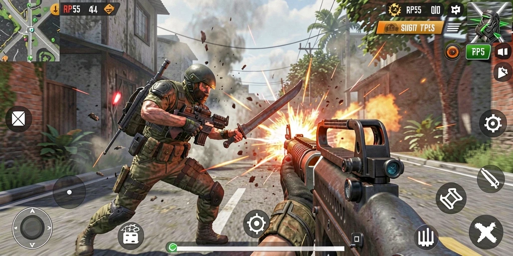 Screenshot gameplay RP55 memperlihatkan aksi tembak-menembak yang seru.