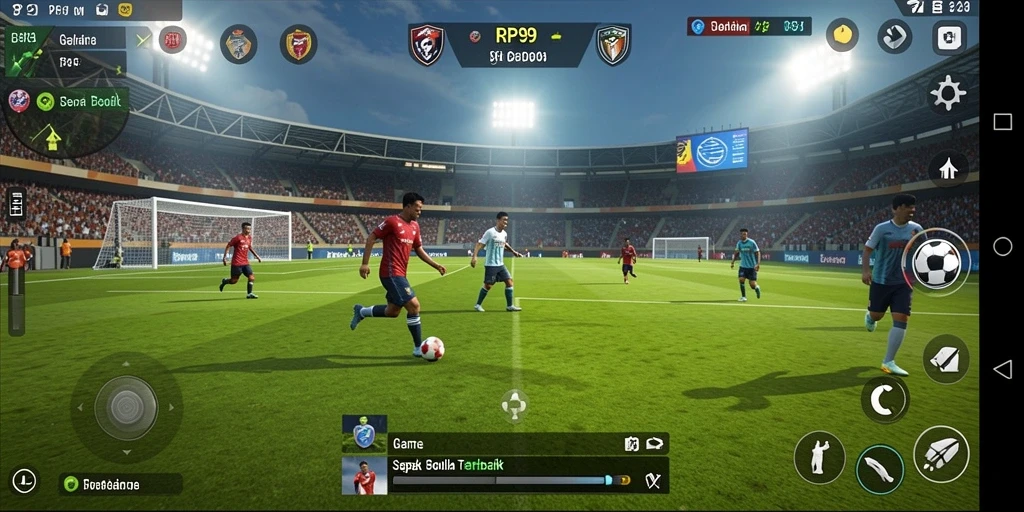 Tangkapan layar utama RP99 menampilkan aksi seru sepak bola.