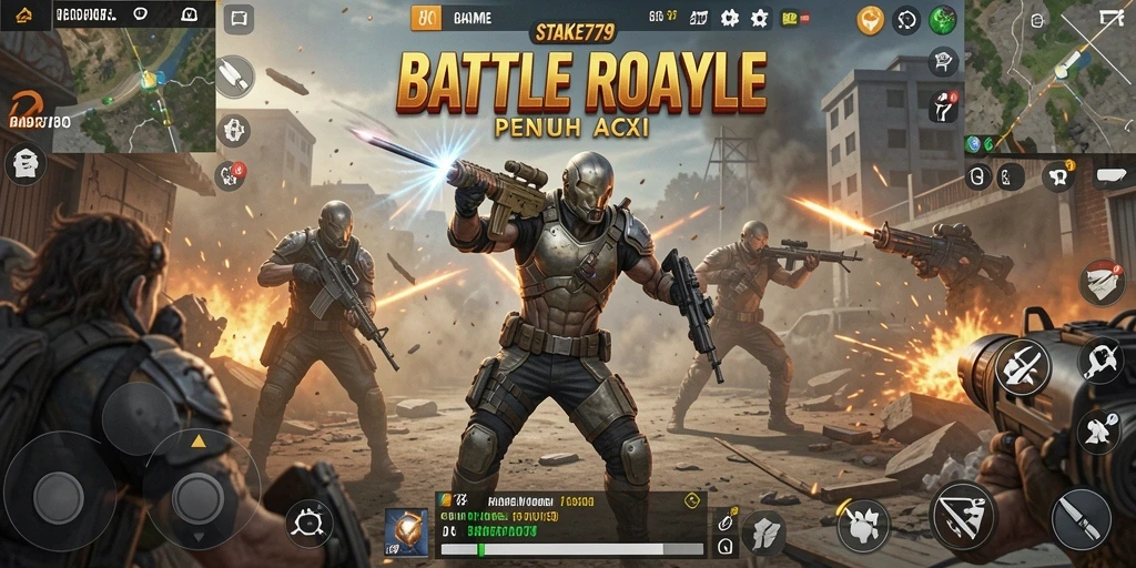 Screenshot gameplay STAKE779 menampilkan aksi pertarungan seru di arena Battle Royale.