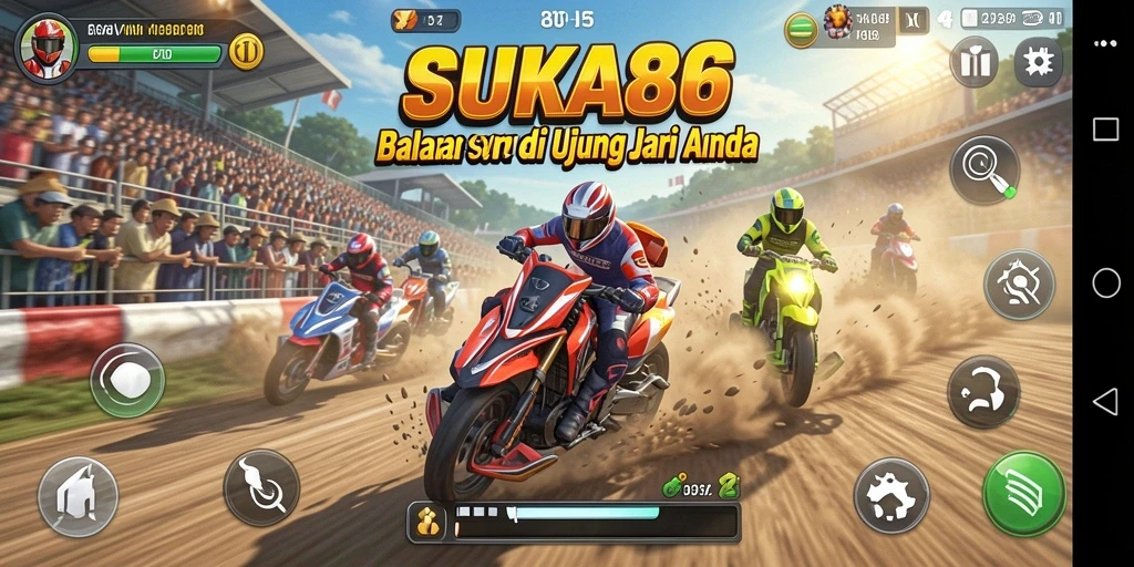 Gameplay SUKA86 yang mendebarkan dengan balapan kompetitif dan mobil yang beragam.