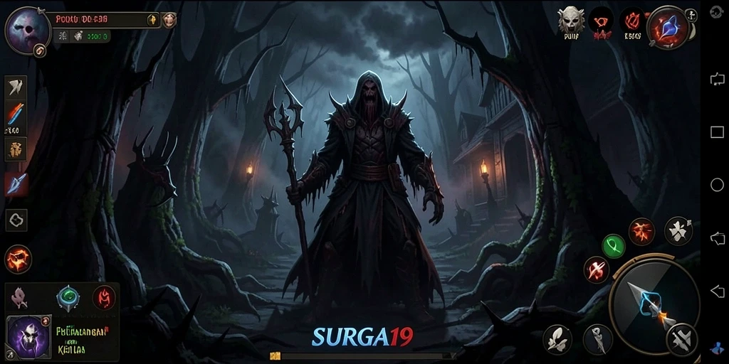 Tampilan gameplay mencekam di SURGA19 dengan suasana gelap dan penuh ketegangan.